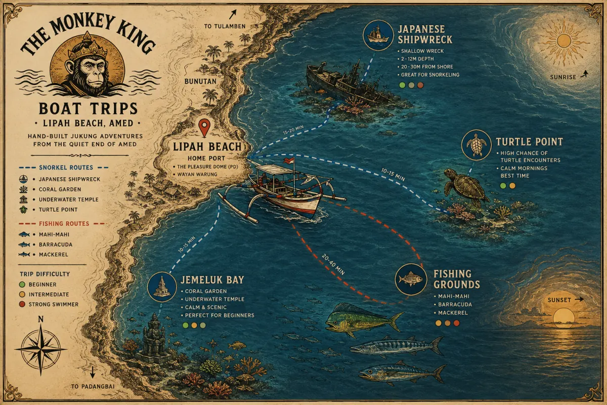 Hand-drawn map of Lipah Bay, Amed — Japanese Shipwreck, Coral Garden at Jemeluk Bay, Turtle Point, and offshore Fishing Grounds, with The Monkey King's jukung departing from Lipah Beach home port